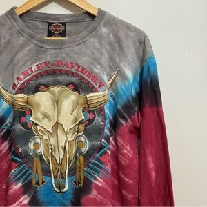 Harley-Davidson Gray, Blue & Red Tie-Dye Long Sleeve with Bull Skull Vintage